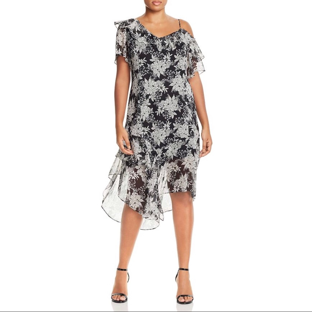 Vince Camuto Black and White Floral One-Shoulder Midi Dress